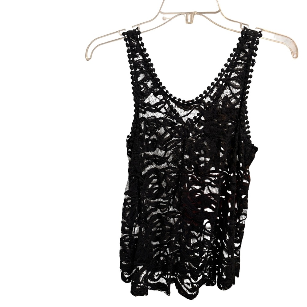 ISSI Lace Tank Top Womens Small Black Gothic Boho Sheer V-Neck Pom Pom Trim - Picture 7 of 13